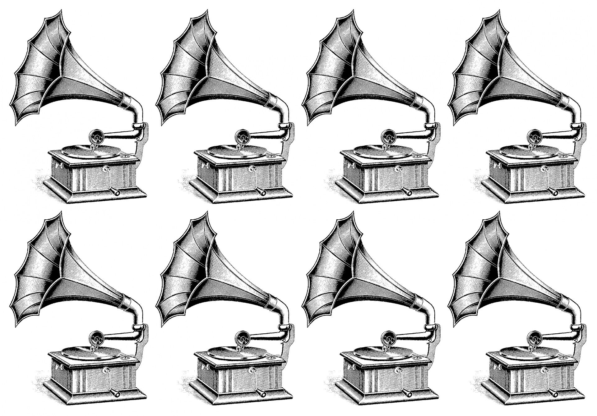 A black and white drawing of an old grammophone displayed six times next to one another